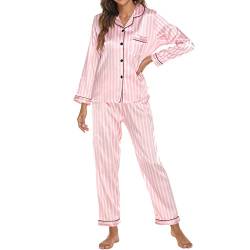Generisch Damen Pyjama Set Schlafanzug Kariert mit Knopfleiste und Hemdkragen Zweiteiliges Nachtwäsche Dot Langarm Shirt und Hosen Pyjama Set Nachtwäsche Negligee Frühling Sommer von Generisch