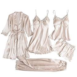 Generisch Damen-Pyjama-Set aus Satin, sexy Pyjama mit Einsätzen aus Seide wie Spitze (Beige-B, S) von Generisch