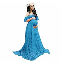 Generisch Damen Spitze Off-Shoulder Lange Umstandsmode Props Floral Spitzenkleid Plus Size Schwanger Ausgefallenes Schwangerschaftskleid Fotoshooting (XL,Blau) von Generisch