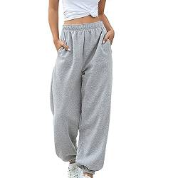 Generisch Damen Sporthose Jogginghose Laufhosen Gummibund Sweathose mit Taschen Stoffhose Damen High Waist Bequeme Lockere Freizeithose Fitness Loungewear(Grau, M) von Generisch