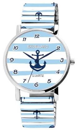 Generisch Design Zugband Damen Armband Uhr Blau Weiß Maritim Anker Edelstahl Analog Quarz 1700069004U von Generisch