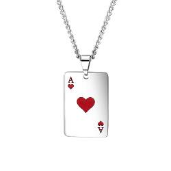 Generisch Edelstahl Kette Anhänger Herz Pik Ass Poker Dog Tag Damen Herren Halskette Spielkarte Schmuck (Rot) von Generisch