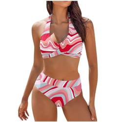 Generisch Festival Outfit Damen, Bikini-Set Mit Hoher Taille Zweiteilig Farbblockierung Floral Bedruckt Brustkreuz Bikini Badebekleidung Sport Bikini Glitzer Sets Große Bikinis Outfit (XL, Hot Pink) von Generisch