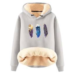 Generisch Fleece-Kapuzenpullover Damen Winter Feder Druck Warm Fleece Sherpa Gefütterter Pullover Oversize Fleece Gefütterte Fleecepullover Sportlicher Hooded Pulli Sweatshirt Hoodie(A Grau,L) von Generisch