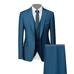 Generisch Formales 3 Teiliges Anzug Set für Herren Slim Fit Hochzeits Smoking mit 1 Knopf Revers Stilvolle Business Party Blazer Weste Hose (Blau,L) von Generisch