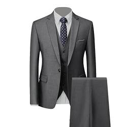 Generisch Formales 3 Teiliges Anzug Set für Herren Slim Fit Hochzeits Smoking mit 1 Knopf Revers Stilvolle Business Party Blazer Weste Hose (Dunkelgrau,XL) von Generisch