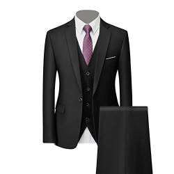 Generisch Formales 3 Teiliges Anzug Set für Herren Slim Fit Hochzeits Smoking mit 1 Knopf Revers Stilvolle Business Party Blazer Weste Hose (Schwarz,4XL) von Generisch