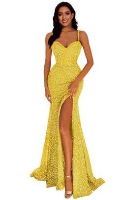 Generisch Frauen Meerjungfrau Pailletten Abschlussball Kleider V-Ausschnitt RüCkenfrei Brautjungfernkleid Langer Schlitz Formelle Abendparty Ballkleid Yellow M von Generisch