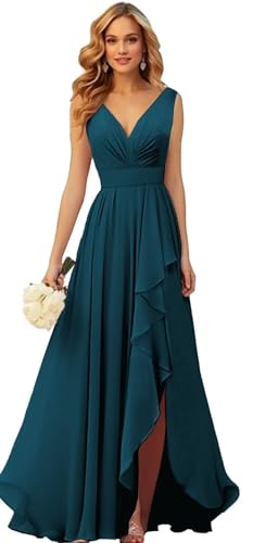 Generisch Frauen V-Ausschnitt Chiffon Brautjungfer Kleider Seite Schlitz RüSche Plissierte Formelle Abschlussball Party Kleid Lange Formelle Abendkleid Peacock M von Generisch