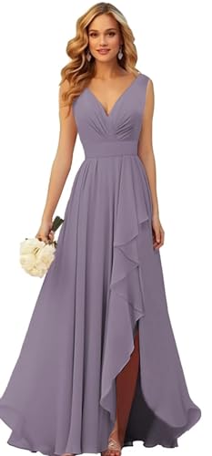 Generisch Frauen V-Ausschnitt Chiffon Brautjungfer Kleider Seite Schlitz RüSche Plissierte Formelle Abschlussball Party Kleid Lange Formelle Abendkleid Wisteria XS von Generisch