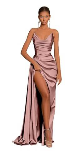 Generisch Frauen schulterfreie Meerjungfrau Abschlussball Kleider Langer Satin Brautjungfernkleid Sexy Hoher Schlitz Plissierte formelle Abendpartykleider von Generisch