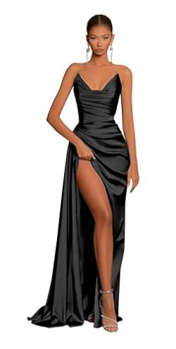 Generisch Frauen schulterfreie Meerjungfrau Abschlussball Kleider Langer Satin Brautjungfernkleid Sexy Hoher Schlitz Plissierte formelle Abendpartykleider von Generisch