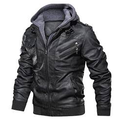 Generisch Herren Kunst-Lederjacke Bikerjacke mit Abnehmbarer Kapuze Übergangsjacke Vintage gefüttert warm Bomberjacke herren winterjacke schwarz große größen Herrenjacke Freizeitjacke von Generisch