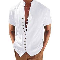 Generisch Herrenhemd, Leinen, Kurze Ärmel, Knöpfe, Mao-Kragen, Casual, Sommer, leicht, Strand, klassisch, traditionell Hemden Herren Kurzarm Kurzarm Shirt Herren Weiß von Generisch