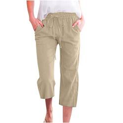 Generisch Hose Damen Baumwolle Leinen Sommerhose 7/8 Casual Leichte Leinenhose Stoffhose Einfarbig Freizeithose Bequeme Luftige Strandhose mit Taschen Kleidung Sommer Hosen Sale Angebote Beige 3XL von Generisch