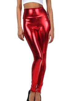 Generisch JIER Damen Mode Kunstleder Legging Hose Look Shiny Metallic Schwarz Hohe Taille Sexy Skinny Pants,Night Out,Party,Elastisch Enge Hosen (Rot,L) von Generisch