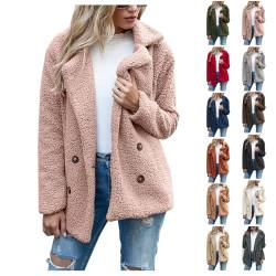 Generisch Kurzmantel Damen Übergang, Herbst Und Winter Modisch Locker Geknöpft Revers Tasche Fleece Warme Jacke Skianzug Steppweste Lang Jacken Frauen Für Mollig Übergangsjacke (XL, Rosa) von Generisch