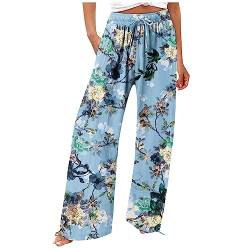 Generisch Lässige Hosen Damen,Boho Hosen Für Damen Flowy Sommer Hohe Taille Weites Bein Print Hose Casual Hosen Damen Sporthose Schwangerschaft Cargohosen(Blau,M) von Generisch