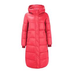 Generisch Lang Wintermantel Damen Winter Warmer Winterjacke Elegant Einfarbiger Steppmantel mit Kapuze Casual Kapuzenmantel Verdicken Mantel Baumwolljacke Langarmmantel mit Taschen(D Rot,XXL) von Generisch