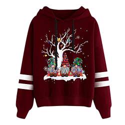 Generisch Last Minute Angebote Damen Langarm-Sweatshirt mit Kapuze und Weihnachtsgnome für Damen Partner Pullover Für Sie Und Ihn (Wine, XXL) von Generisch