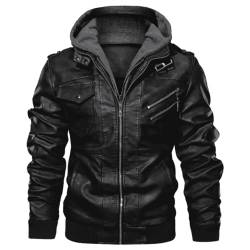 Generisch Leather Jacket Men, Herren Übergangsjacke Bikerjacke Hooded Mit Kapuze Echtleder Jacke Winter Jacken 70Ger Jahren Schnitt Lederjacke For Men Bomberjacke Winterjacke Jacket (M, Schwarz) von Generisch