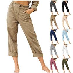 Generisch Leinenhose Damen Capri Hose Sommer Leicht Und Luftig 7/8 Stoffhose Stretch Straight Leg Mit Taschen Sommerhosen Outdoor Freizeithose High Waist Leinen Einfarbig Haremshosen Strandhose von Generisch