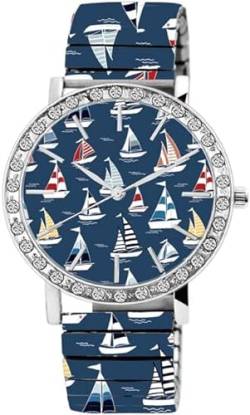Generisch Maritim Damen Armband Uhr Blau Segelboote Yacht Motiv Strass Edelstahl Zugband von Generisch