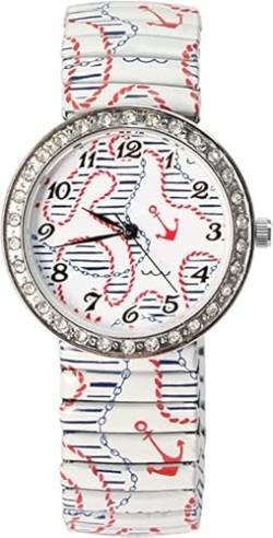 Generisch Maritim Damen Armband Uhr Weiß Blau Rot Anker Motiv Strass Edelstahl Zugband von Generisch