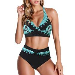 Generisch Meerjungfrauenflosse Mädchen, Damenmode Bikini Mit Hoher Taille Und V-Ausschnitt Zweiteiliger Badeanzug Farbblockierung Front Twist Musselin Kleid Damen Bikini Set Bikini (L, Schwarz) von Generisch