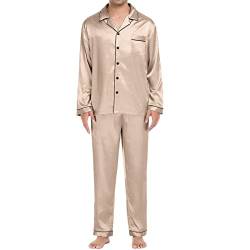Generisch Pyjama Herren Lang - Herren Baumwolle Schlafanzug Zweiteiliger Nachtwäsche Langarm Shirt und Loungehose mit V Ausschnitt Knopfleiste Taschen und Band von Generisch