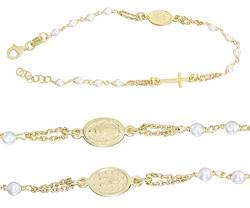 Generisch Rosenkranz Armband Silber 925 vergoldet Perlen weiß Anhänger Kreuz u Hl. Maria Hobra-Gold von Generisch