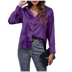 Generisch Satin Bluse Damen Elegant Kurzarm Basic Tunika Einfarbig V-Ausschnitt Oberteile Sommer Tops T Shirt Hemden Vintage Schmale Passform Stretch Für Arbeit Lila S von Generisch