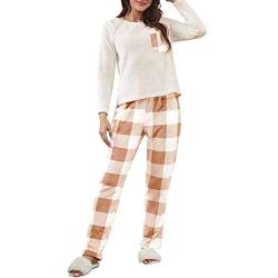 Generisch Schlafanzug Damen,Lang Satin Baumwolle Pyjama Set Strick Lounge Set Sexy Elegant Nachtwäsche Kuschelig Hausanzug Loungewear Zweiteiler Langarm Homewear Hosenanzüge Lounge Set von Generisch