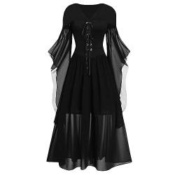 Generisch Sexy Black Dress, Frauen Lässig Plus-Größe Kaltes Schulterkleid Feste Farbe Spitze Schmetterlingsschläfe Halloween Gothic Kleid Damen Renaissance Dress Kostüm Dress Lolita (M, Schwarz) von Generisch