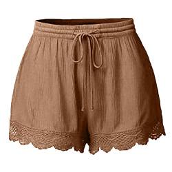 Generisch Shorts Damen Sommer Lässige Kurze Hose High Waist Kordelzug Elastische Taille Baggy Kurze Hosen Spitzen Baumwolle Bequeme Shorts Freizeit Strand Stoffhose Khaki S von Generisch