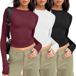 Generisch Skims Dupe 3er Pack Basic Langarmshirt Damen Tunika T-Shirt Crop Top Y2K Slim Fit Oberteile Casual Tee Shirt Damen Long Sleeve Shirt 3 Stück Rundhals Cropped Streetwear(C10,S) von Generisch