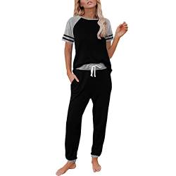 Generisch Sommer Loungewear Damen Damen-Pyjama-Set Kurzarm-Farbblock-Nachtwäsche-Oberteile mit Langen Hosen -Set Nachtwäsche Damen Schlafanzug Kurz (Black, XL) von Generisch