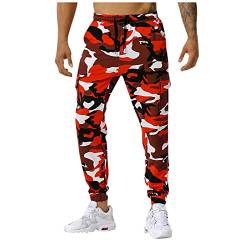 Generisch Wanderhose Herren, Patchwork Camouflage Jogginghosen Outdoor Sporthosen Fitnesshosen Funktionshose Sommer Jogginghose Mit Taschen Northern Frontier Hosen Chino Hose Schwarz (3XL, Rot) von Generisch