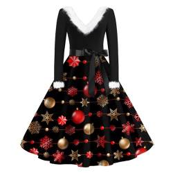 Generisch Weihnachtskleid Damen Lustig, V-Ausschnitt Lässig Schlank Weihnachten Bedruckt Langarm Plüsch Wollkleider Rock Weihnachtskleider Lang Festlich Winter Weiß Dress Casual (S, Black) von Generisch