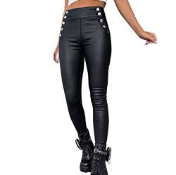 Gerade Leggings für Damen Damen-Strumpfhose aus Kunstleder mit hoher Taille und Knöpfen (Black, M) von Generisch