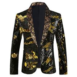 Glänzender Pailletten Blazer für Herren Schmal Geschnittener Smoking Sportmantel mit Schalkragen Party Hochzeit Bankett Abendkleid Anzug Jacke (L,Golden 2) von Generisch