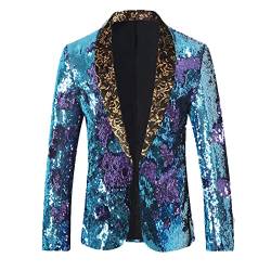 Glänzender Pailletten Blazer für Herren Schmal Geschnittener Smoking Sportmantel mit Schalkragen Party Hochzeit Bankett Abendkleid Anzug Jacke (XXL,Blau 2) von Generisch