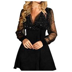 Glitzer Kleid Damen Partykleid Kleider V-Ausschnitt Chiffon Abendkleider Langarm A-Linien Abendkleid Frauen Festliches Kleid Elegant Cocktailkleid Club Oberteile Clubwear (Black #1, S) von Generisch