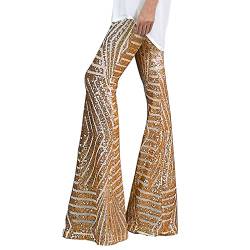 Glitzer Strumpfhose Damen Festival Pailletten High Waist Bootcut Hose Mit Mode Glänzend Hight Taille Discotanz Lang Hosen Party Strassenmode Weites Bein Elastisch Elegant Outdoorhose (Khaki, S) von Generisch