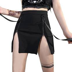 Gotischer Rock Damen Sexy Midirock Stretch Eng High Waist Party Rock Mit Reißverschluss Tanz Rave Outfits Goth Rock Mit Doppeltem Schlitz Punk Schwarz Geteilte Röcke von Generisch