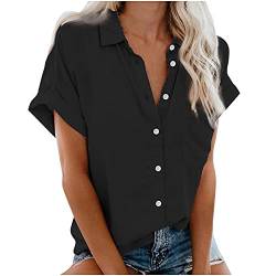 HUIFUAO Damen-Shirt, V-Ausschnitt, Knopf, kurzärmelig, Hemden für Damen, trendiges Sommer-Basic-Oberteil, Bluse mit Tasche, T-Shirts für Damen, a01 Schwarz, Small von Generisch