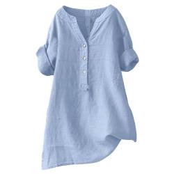 HUIFUAO T-Shirts für Damen, V-Ausschnitt, Baumwoll-Leinen-Hemden für Damen, Knopf, Sommer, lockere Tops, kurzärmelige Shirts für Damen, trendig, blau, Small von Generisch