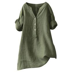 HUIFUAO T-Shirts für Damen, V-Ausschnitt, Baumwoll-Leinen-Hemden für Damen, Knopf, Sommer, lockere Tops, kurzärmelige Shirts für Damen, trendig, grün, XXL von Generisch