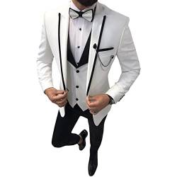 Herren 3 Teiliger, Stilvoller Anzug mit Schmaler Passform Solide Revers EIN Knopf Abschlussball Blazer Sets Casual Party Hochzeit Jacke Weste Hosen Set (Weiß,4XL) von Generisch