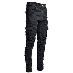 Herren Jeans Skinny Slim Fit Stretch Fashion Jeans Cargotaschen Jeanshose Jogginghose LäSsige Hip Hop Jeanshose (L,Schwarz) von Generisch